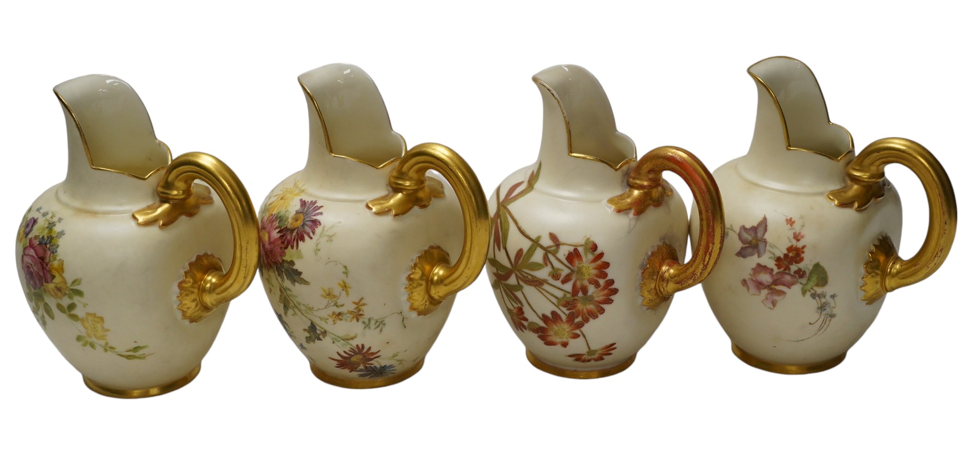 Four Worcester 1094 shape blush ivory floral jugs, 13cm high. Condition - good, some wear